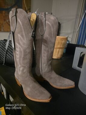 Tony Lama Taupe Suede Tall Western Heeled Boots